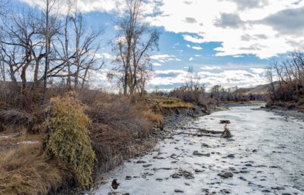 Majestic rural mountain landscape on the Greybull River in historic Meeteetse, Wyoming.